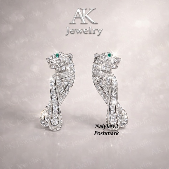 AK Jewelry @alykev3 Jewelry - 💎LUXURY Panther PAVE Long EARRINGS White Gold, Pierced, Sparkling Green Eyes